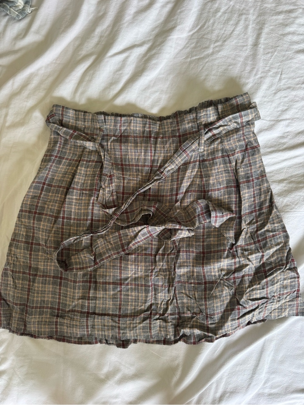 American Eagle Outfitters Gray Plaid Tie-Waist Mini Skirt